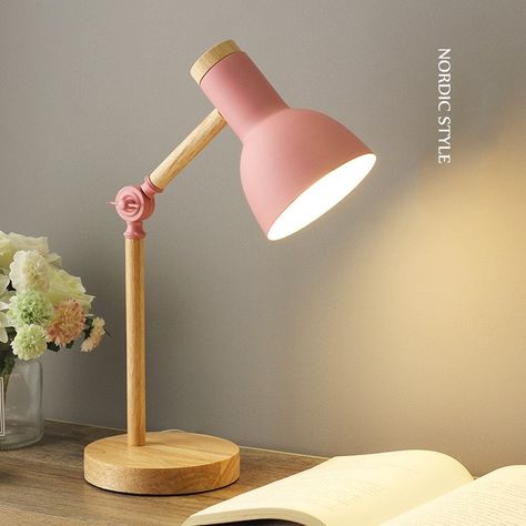 Creative Nordic Wooden Art Lamp, LED Folding Simple Desk Lamp, Eye Protection, Reading Table Lamp, Living Room, Bedroom, Home Decor (Pink)! Table lamp is dimming, also equipped with 1.8m wire cable. Swing head design makes the lamp adjustable. Macaron creative table lamp was specifically designed for a healthy reading experience, which emits a steady, glare-free and non-flicker light that friendly for your eyes. Nordic adjustable table lamp for study, bedroom, living room, office, children room, Nordic Desk, Wooden Desk Lamp, Wood Desk Lamp, Folding Desk, Table Lamps Living Room, Light Study, Simple Desk, Book Lights, Iron Lighting