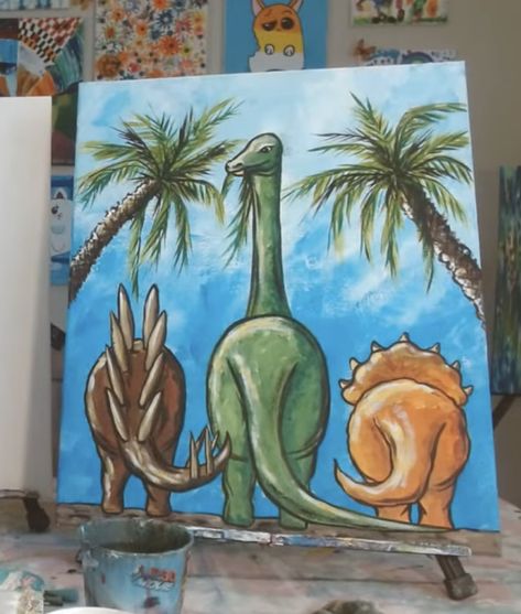 Oil Pastel Dinosaur, Dino Painting Easy, Dino Painting, Dinosaur Kids Room, Dinosaur Painting, Cover Painting, Sip N Paint, Horse Drawings, Simple Acrylic Paintings