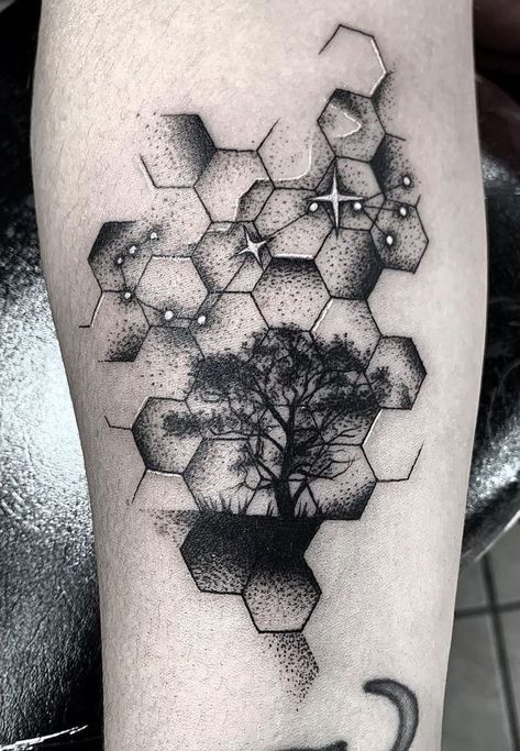 Pathway Tattoo, Best Sleeve Tattoos Men, Sleeve Tattoos Men, Hexagon Tattoo, David Tattoo, Honeycomb Tattoo, Tree Tattoo Men, Geometric Sleeve Tattoo, Tree Tattoos