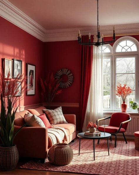 Red Living Room Walls, Red Living Room, Red Dining Room, Red Living, Sconces Living Room, Living Room Red, Red Wall, Red Walls, Living Room Inspo