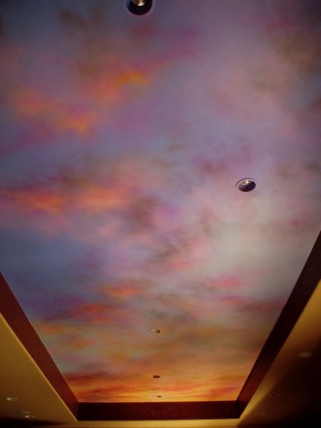 Sunset Painted Ceiling Day And Night Sky Ceiling, Painted Vaulted Ceiling Bedroom, Ceiling Mural Ideas, Ceiling Mural, Awesome Inventions, Cloud Ceiling, Sky Ceiling, Bedroom Painting, Ceiling Painting