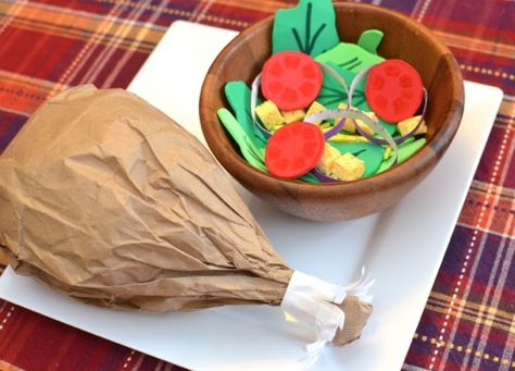 Keep em busy crafting a turkey drumstick made with a brown paper lunch bag that is stuffed with newspaper and a salad from foam pieces Snowflake Making, Turkey Drumsticks, Brown Paper Lunch Bags, Thanksgiving Classroom, Turkey Leg, Dramatic Play Preschool, Food Play, Thanksgiving Preschool, Things For Kids