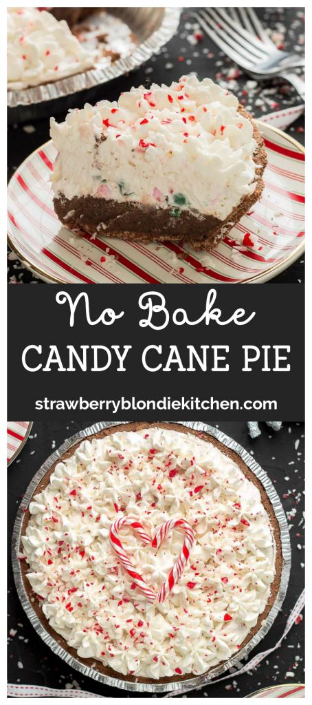 Layers of JELL-O chocolate pudding, creamy cream cheese filling and crushed peppermint candies make this No Bake Candy Cane Pie the perfect holiday dessert! | Strawberry Blondie Kitchen Candy Cane Desserts, No Bake Candy, Candy Cane Pie, Candy Cane Dessert, Dessert Halloween, Desserts Christmas, Brownie Desserts, Dessert Party, Köstliche Desserts