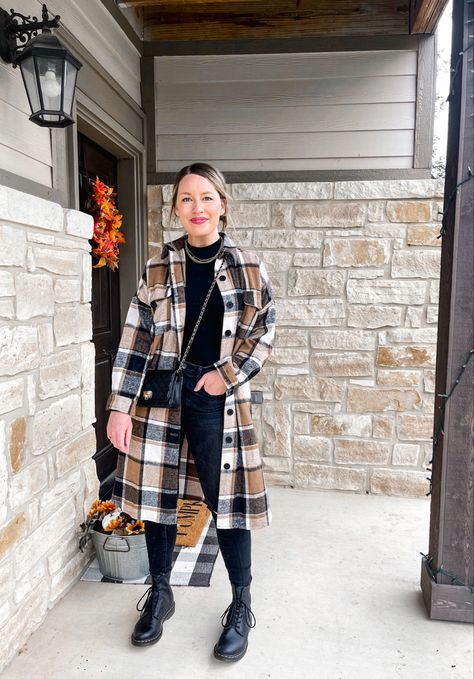 Long Plaid Shirt Jacket Outfit, Plaid Shirt Coat Outfit, Plus Size Plaid Shacket Outfit, Shacket Outfit Women For Work, Longline Shacket Outfit, Duster Shacket Outfit, Long Shacket Jacket Outfit, Brown Flannel Shacket Outfit, Shacket And Doc Martens Outfit