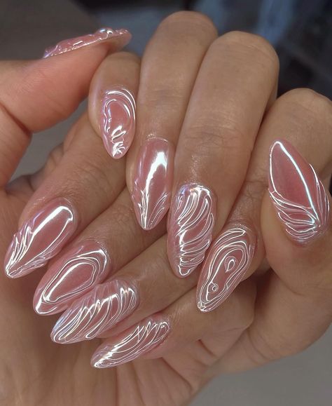 On Wednesdays we wear Pink 💖🪞 Ya’ll love my 3D Chromes, gotta do one in pink 🙈 #nailinspo #3dnails #naildesign #3dchromenails #chromenails #iridiscentnails #pinknails #apresgelx #gelxnails #gelxinspo #almondnails #elegantnails #nails2inspire #trendynails #cutenails #demure Chrome Fairy Nails, Crome Pink Nails, Pink Fairy Nails, Wicked Nails, Fairy Nails, Chrome Designs, Different Vibes, Bare Nails, Chrome Design