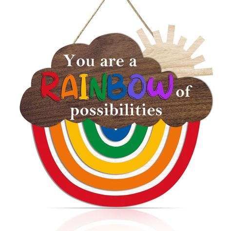 PRICES MAY VARY. Rainbow Sign to Your Home Decor: The rainbow wooden sign will inspire your guests and friends “You are a rainbow of possibilities”. With the rainbow cloud and sun printed on the sign ,making it a perfect addition to home classroom door. Durable Wood Construction: Made from high-quality wood, the colorful rainbow hanging sign plaque is built to last and withstand outdoor elements. With a sturdy hanger, this inspirational sign is suitable for indoor, outdoor,or at your front door. Rainbow Of Possibilities, Rainbow Hanging, Rainbow Sign, Playroom Classroom, Pharmacy Books, Rainbow Decor, School Decor, Sign Making, Nursery Playroom