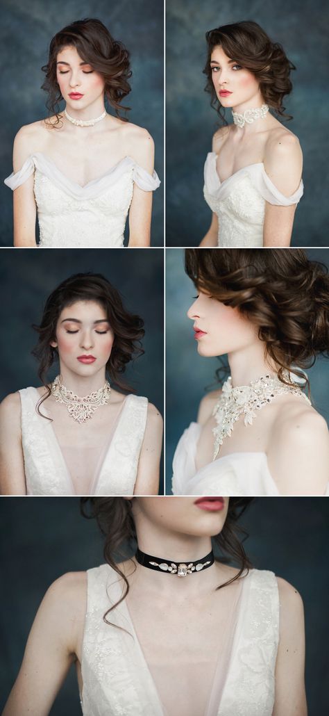 27 Choker Necklaces To Wear To Your Wedding Day! Choker Necklace For Wedding, Wedding Dress With Choker Necklace, Wedding Choker Necklace Bridal, Wedding Dress Choker, Necklace For Wedding Dress, Wedding Dress With Choker, Choker Wedding Dress, Modern Bride Jewelry, Wedding Chokers