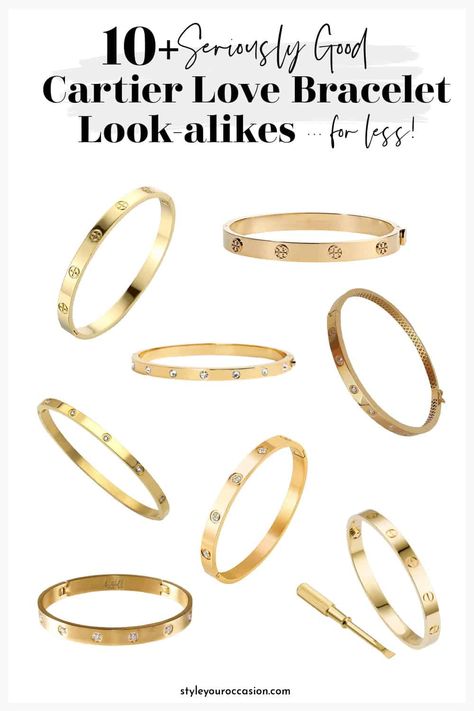 Do you adore the Cartier love bracelet aesthetic? Check out these stunning Cartier Love Bracelet look alike and dupe options that will give you the look for less, so you can create a gorgeous gold stack that looks like it does on the most stylish celebrities! Cartier Bangle, Bracelet Aesthetic, Tory Burch Bracelet, Gold Bracelets Stacked, Cartier Gold, Cartier Bracelet, Wrist Jewelry, Stylish Celebrities, Bangle Bracelet Set