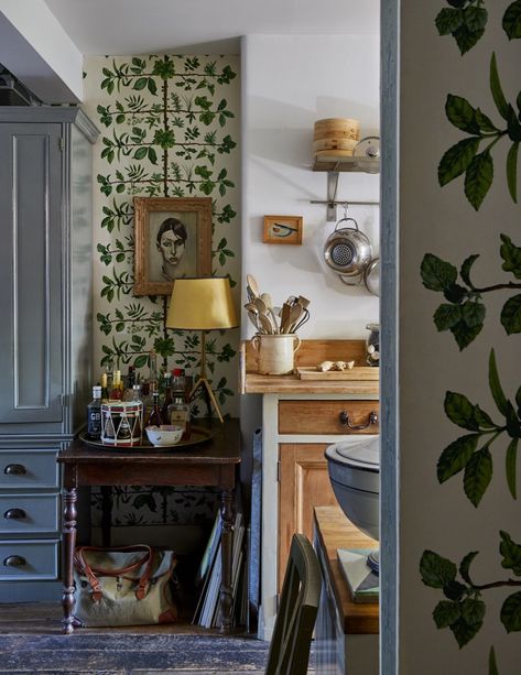 The World Of Interiors, With Wallpaper, Jack Russells, Interiors Magazine, On Wallpaper, Kitchen Wallpaper, Painted Floors, World Of Interiors, Green Kitchen