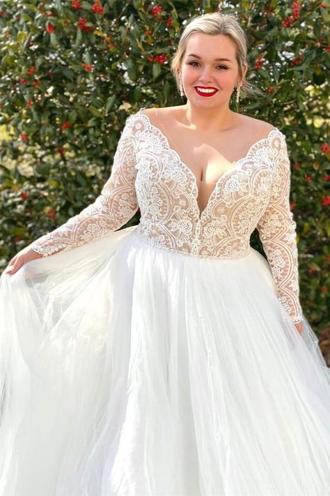 Modsele white lace long wedding dress features with lace bodice, plunging neckline, long sleeves, and sweeping A-line train. Buttons up back. #wedding#weddingdresses#bridalgown Long Sleeve Backless Wedding Dress, Sleeve Backless Wedding Dress, Long Sleeve Wedding Dress Backless, Wedding Gatsby, Wedding Dress Plus Size, Long Wedding Dress, Backless Wedding, White Lace Top, Princess Wedding Dresses