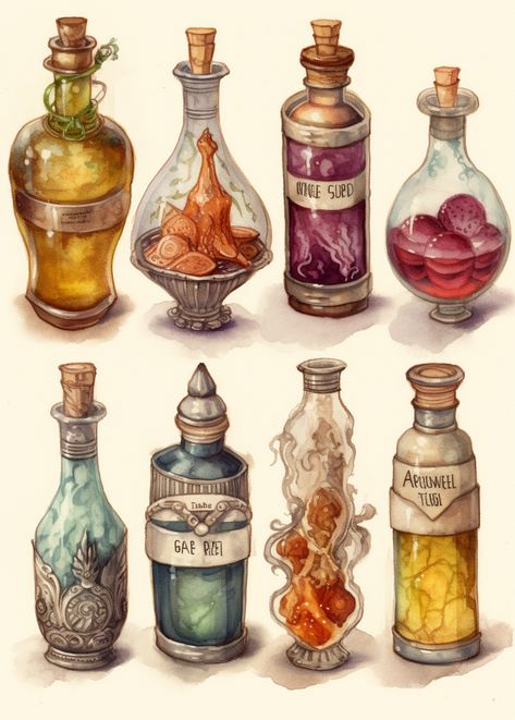 ia art Potion Bottles Art, Alchemy Concept Art, Magic Potion Art, Poison Bottle Illustration, Fantasy Apothecary Art, Fantasy Props Art, Fantasy Potion Art, Fantasy Objects Concept Art, Dnd Items Art