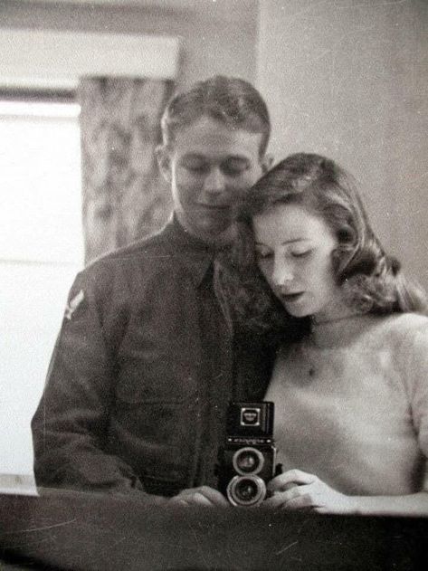 A wartime selfie, 1940 Vintage Photos, A Man, A Woman, Black And White, History, White, Black