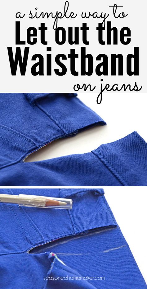 Here's a simple sewing trick for Letting Out the Waistband in Jeans. This no-seam-ripper sewing alteration takes about 15 minutes. And, no sewing experience is necessary. Make your jeans comfortable in just a few minutes. sewing | alterations  #seasonedhome Sewing Alterations, Beginner Sewing Projects Easy, Altering Clothes, Leftover Fabric, Jeans Diy, Sewing Projects For Beginners, Sewing Skills, Love Sewing, Refashion Clothes