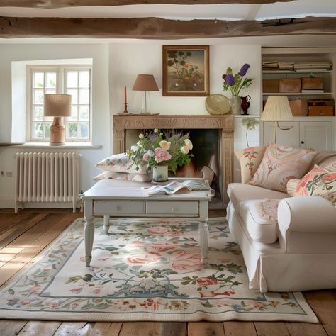 english_cottage_living_room_rugs 5 English Cottage Living Room Ideas, English Cottage Style Living Room, Cottage Interiors Living Rooms, Cosy Cottage Living Room, French Cottagecore, Cottage Living Room Ideas, English Cottage Living Room, English Country Decor Living Room, Cozy Sofas