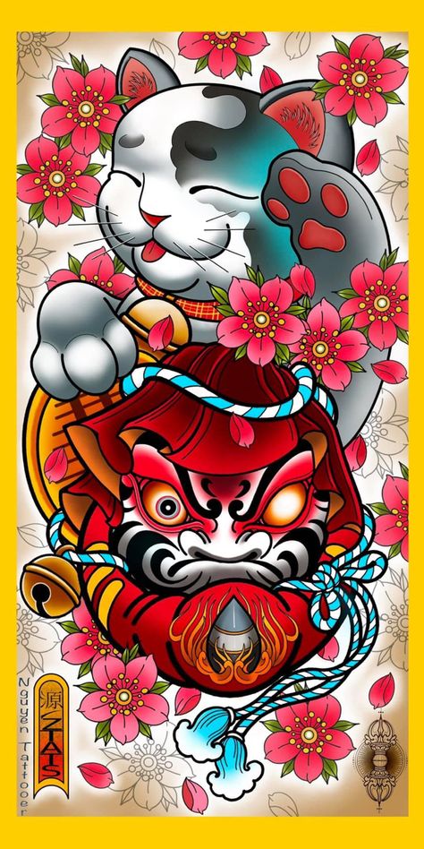 Tato Irezumi, Daruma Doll Tattoo, Lucky Cat Tattoo, Koi Tattoo Sleeve, Kitty Tattoos, Temple Tattoo, Tattoo Japanese Style, Hanya Tattoo, Japanese Flower Tattoo