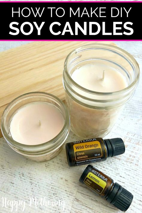 Learn how to make DIY soy wax candles in this easy tutorial. Making affordable homemade candles in mason jars is fun and you can scent them with essential oils. #candles #candlemaking #diycandles #homemadecandles #essentialoils #essentialoiluses #soywax #soywaxcandles #soycandles #essentialoilrecipes #homemaking #homefragrance #diyprojects #diy #howto #adultcrafts #makeyourown #makeityourself #giftideas #homemadegifts Soy Wax Candle Recipe Essential Oils, How To Make Soy Candles Essential Oils, Diy Soy Candles Scented Recipes, Soya Candle Making, Candle Making With Essential Oils, Making Soy Candles With Essential Oils, How To Make Soy Candles Diy, Soya Candle Diy, Homemade Soy Candles Diy