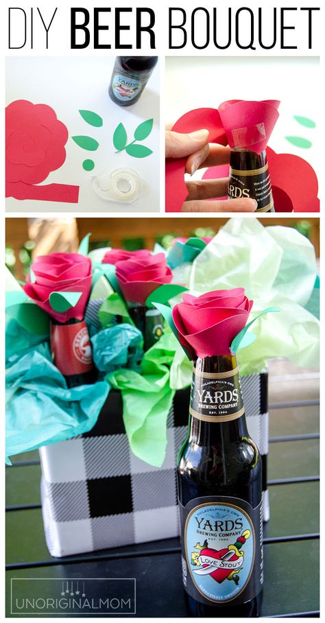 DIY Beer Bouquet as an anniversary gift or Valentine's gift for your man! #giftsformen #anniversarygift #valentinesgift #beer Beer Bouquet, Romantic Gifts For Men, Man Bouquet, Diy Beer, Homemade Beer, Bouquet Tutorial, Beer Gift, Diy Father's Day Gifts, Diy Holiday Gifts