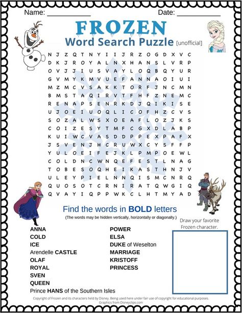 Frozen word search puzzle - featuring 15 words from the Disney movie Frozen (2013). Kids will love this free printable word search. Frozen Puzzles For Kids, Disney Games For Kids Activities, Disney Word Search Printables, Disney Princess Jokes, Disney Word Search, Disney Printables Free, Word Search For Kids, Disney Themed Classroom, Kids Table Wedding