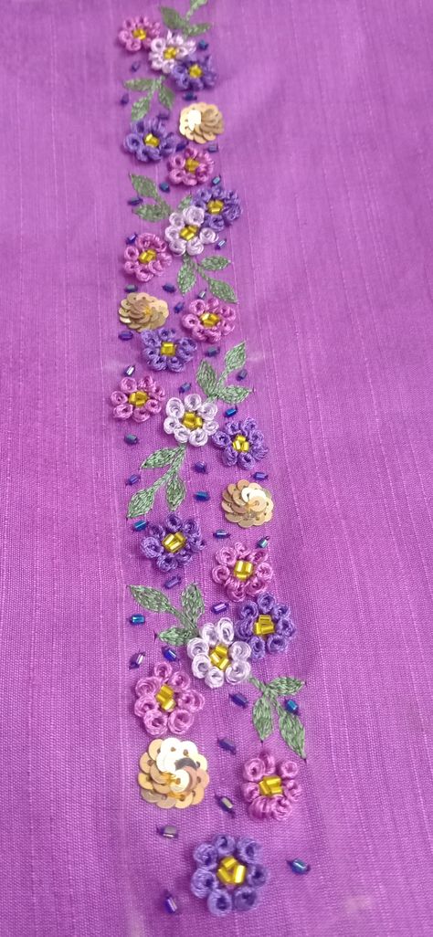 Video link added Hand Embroidery Thread Work, Knot Work Blouse Designs, Knot Flower Embroidery, Purple Blouses, Beads Hand Embroidery, Thread Work Embroidery, Hand Work Design, Serin, Bead Embroidery Tutorial