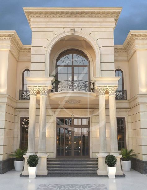 Double height arch emphasizes the entrance to the neoclassical palace, held by Corinthian columns that accentuate the classical style of the palace's exterior design, by Comelite Architecture, Structure and Interior Design. #mansionhomes #luxuryhome #luxuryhouse #facadedesign #exteriordesign #traditionalexterior Front Pillars, Italian Chateau, Columns Design, Municipal Hall, Classic Exterior Design, Palace Design, Corinthian Columns, Architecture Structure, Home Designs Exterior