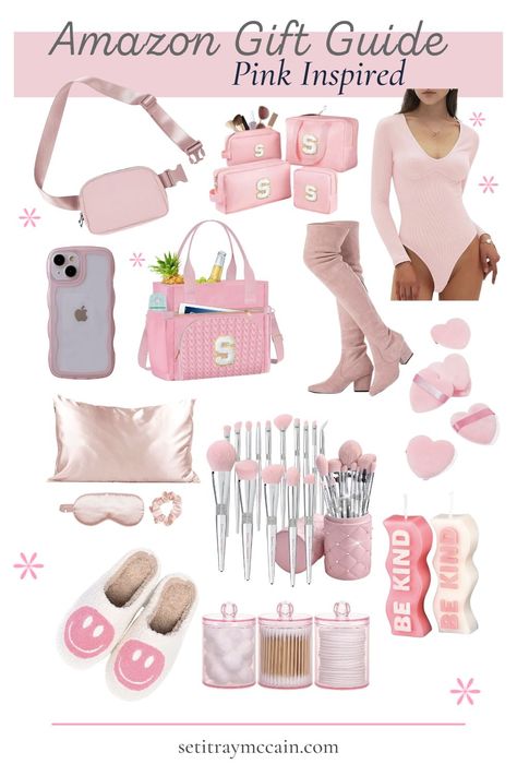 pink bodysuit, pink candles, pink iPhone case, pink makeup brushes, pink knee-high boots, pink slippers, pink bathroom accessories, pink cosmetics Girly Gift Basket Ideas, Pink Gifts Ideas, Pink Christmas Basket, Pink Basket Gift Ideas, Pink Themed Gift Basket, Period Basket, Girly Gift Baskets, Pink Gift Basket Ideas, Makeup Gifts Basket