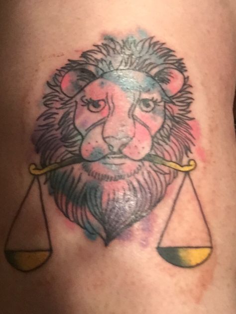 Got my Leo and Libra watercolor tattoo finally ! Leo And Libra Tattoo Combined, Libra Leo Tattoo, Libra And Leo Tattoo, Leo And Libra Compatibility, Sons Tattoo, Libra Sign Tattoos, Libra Compatibility, Leo Tattoo, Libra Tattoo