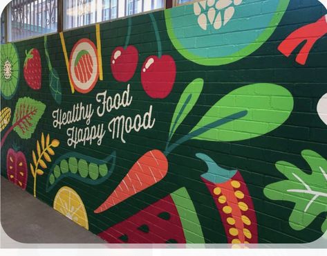 Cafeteria Mural Ideas, Food Wall Mural, Food Wall Art Paintings, Food Mural Art, Primary School Mural, Community Garden Mural, Mural Ideas For School, Canteen Wall Art, Mural Art School