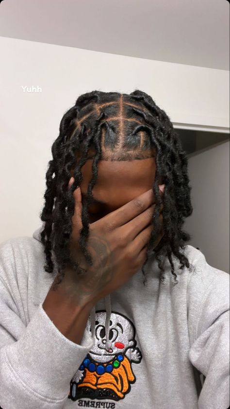 Mens Long Locs Hairstyles, Dreaded Hairstyles For Men, Shoulder Length Locs Styles Men, Guy Loc Styles, Hightop Locs Style Men, Butterfly Locs Men, Different Loc Sizes, Faux Locs For Men, Curly Dreads Men