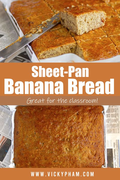 Sheet Pan Moist And Delicious Banana Bread — Vietnamese Home Cooking Recipes Healthy Sheet Pan Desserts, Large Banana Bread Recipe, Banana Bread Cake Pan, Hunting Desserts, Sheet Pan Dessert Recipes, Harvest Desserts, Sheet Pan Desserts, Banana Bread Simple, Firehouse Meals