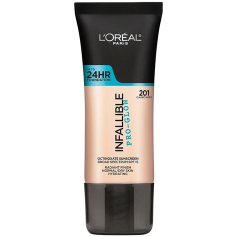 L'Oréal Paris Infallible Pro-Glow Foundation  Creamier and dewier than its Infallible Matte sister, this wallet-friendly base is a huge favorite among people with dry skin...  #liquidfoundation #beautyproducts #makeup Loreal Paris Makeup, Dewy Foundation, Infallible Pro Matte, Make Up Foundation, Foundation For Dry Skin, Foundation Tips, Foundation With Spf, Loreal Infallible, Luminous Foundation