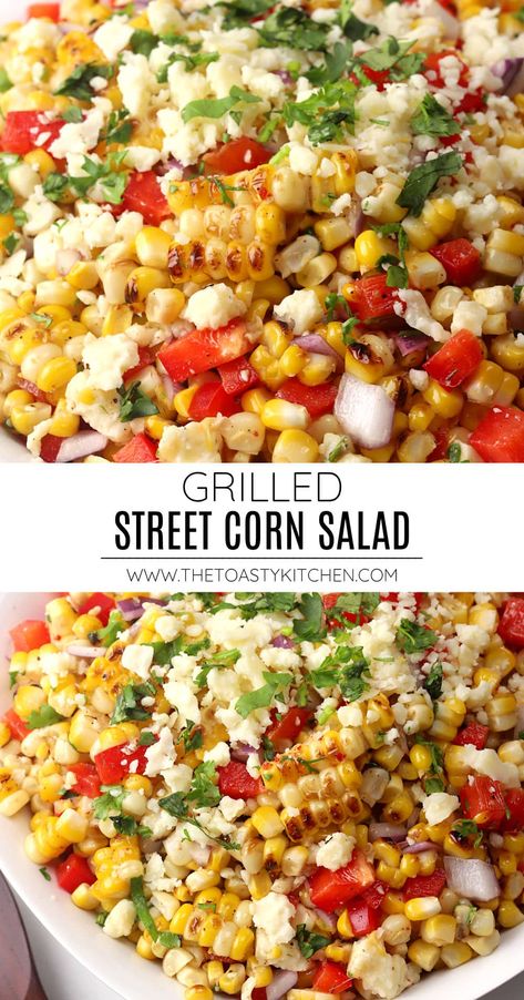 Grilled street corn salad recipe by The Toasty Kitchen. Grilled street corn salad is the ultimate summer side dish. Corn on the cob is grilled and tossed in a tangy tajin dressing along with peppers, cotija cheese, and cilantro. It's the perfect addition to your next grilling day or summer party. #grileldstreetcornsalad #streetcorn #grilledcorn #summersalad #sidedish #summersides #recipe Grilled Corn Salad Recipes, Grilled Street Corn, Rv Snacks, Mexican Street Corn Salad Recipe, Salad Board, Mexican Grilled Chicken, Tajin Recipes, Roasted Corn Salad, Grain Salads