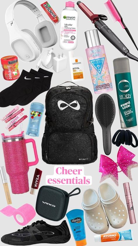 Cheerleading bag essentials 🤍✨️ #Cheerleading #Cheerbag #Cheerbagessentials #Cheerpractice #Cheercomp Nfinity Cheer, Cheer Games, Cheerleading Bags, Cheer Backpack, School Emergency Kit, Cheer Routines, Cheer Bag, Cheer Practice, School Bag Essentials