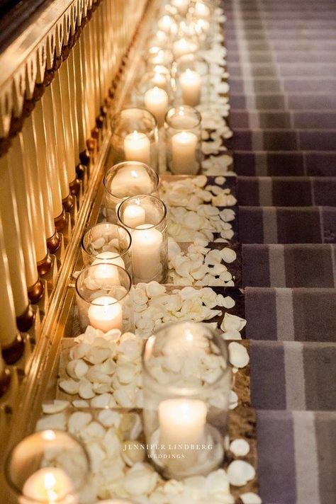 Candles and Rose Petals down staircase Candle Staircase, Candles And Rose Petals, Floating Candle Aisle, Styled Shoot Inspiration, Rose Petal Candle, Wedding Staircase, Aisle Candles, Pembroke Lodge, Formal Wedding Decor