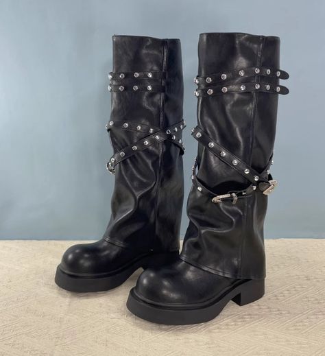 ZOUZIO SWEET PUNK STUDDED PLATFORM WOMEN'S BOOTS Step into the future of fashion with these Fall/Winter Sweet Punk Studded Platform Riding Boots for Women. With a bold design that blends punk aesthetics and functional durability, these knee-high motorcycle boots are perfect for anyone looking to make a style statement. Featuring studded detailing and a belt buckle accent, these boots are made for women who want to express their individuality while staying comfortable and stylish. Punk-Inspi... Knee High Boots Platform, Punk Aesthetics, High Boots Platform, Future Of Fashion, Boots Platform, Into The Future, Motorcycle Boots, Bold Design, Boots For Women