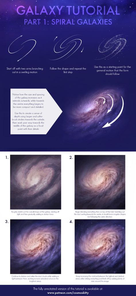 Galaxy Tutorial Part 1: Spiral Galaxies (Preview Version) | CosmosKitty on Patreon Drawing Space Galaxies, How To Draw Space Digital, Glaxay Drawing, Gaxaly Painting, Galaxy Procreate Tutorial, How To Draw Space Galaxies, Space Reference Drawing, Procreate Space Drawing, How To Paint A Nebula