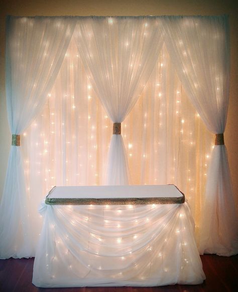 White on white backdrop with gold sparkle in my studio today! ✨#whitewedding #lastinglovedecoranddesign #backdropwedding #backdrop #fairylightbackdrop #wedding #weddingdecor #yegwedding #backdroprental #whiteweddingdecor White Backdrop Wedding, Indian Decoration Ideas, Fairy Light Backdrops, Indian Decoration, Tulle Backdrop, Decoration Buffet, Ganpati Decoration At Home, Ganapati Decoration, Decoration For Ganpati