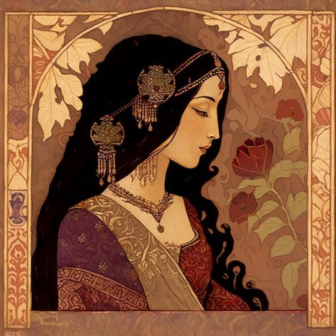 An ancient painting of scheherazade the ... | Premium Photo #Freepik #photo #indian-clothes #indian-dress #sari #india-people Persian Woman Painting, Persian Princess Art, Gwalior Aesthetic, Indian Inspired Art, Indian Futurism, Ancient Indian Jewelry, Old Indian Art, Indian Fantasy Aesthetic, Ancient Indian Women Paintings