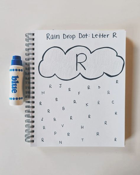 Melissa • Oh Hey Let's Play on Instagram: “Rain Drop Dot: Letter R • Here is a fun and simple journal activity you can set up to work on letter recognition! I chose letter R for…” Letter R Prek Activities, Alphabet Letter Activities Preschool, Alphabet Fun Activities, Letter R Recognition Activities, Recognizing Letters Preschool, Letter R Activities For Toddlers, R Is For Craft, Letter R Preschool Activities, R Crafts For Preschool