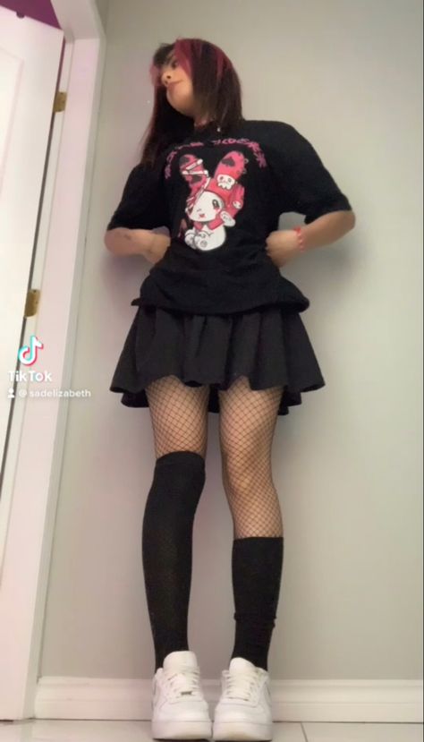 elizabethbtw on instagram! - goth alt aesthetic kawaii alternative hello kitty tennis skirt egirl depop thrift teenage dream fit indie emo y2k pink white black open rp fishnet lace cami vs Alternative Outfits With Skirt, Hello Kitty Alt Outfits, Black Pink White Outfit, Alt Skirt Outfits Aesthetic, Black And Pink Emo Outfits, Cute Alt Outfits Pink, Pink White And Black Outfit, Kawaii Black Outfits, Pink Black Outfit Aesthetic