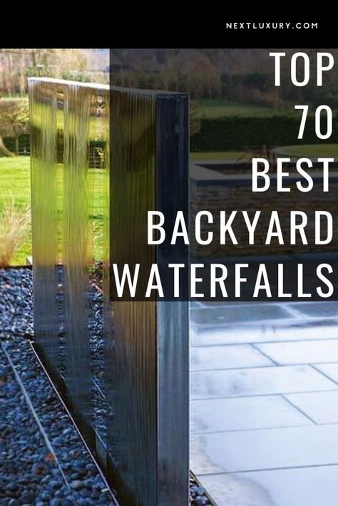 Outdoor Water Features Landscaping Fountain Ideas, Loud Water Features For The Yard, Modern Waterfall Design, Modern Backyard Water Feature, Water Wall Fountain Outdoor, Wall Waterfall Outdoor, Backyard Water Feature Ideas, Waterfall Architecture, Landscaping Waterfall