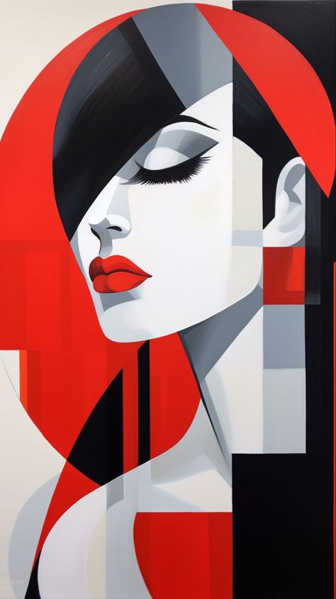 abstract painting of a woman with red and black details, art deco glamor style, bold graphics, minimalist portraits, geometric shapes and patterns, contrasting shadows --ar 9:16#silhouetteportrait #portraits #art #blackandwhite Art Deco Faces Illustrations, Art Deco Portrait Painting, Red Art Aesthetic, Abstract Girl Painting, Camel Silhouette, Portrait Palette, Art Deco Drawing, Art Deco Portrait, Abstract Painting Acrylic Modern