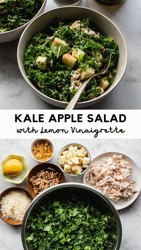 Kale Apple Salad in a bowl with ingredients underneath Kale Chicken Salad Recipes, Kale Meal Prep, Apple Kale Salad, Best Kale Salad Recipe, Lemon Dijon Dressing, Best Kale Salad, Kale Apple Salad, Lemon Kale Salad, Kale Chicken Salad