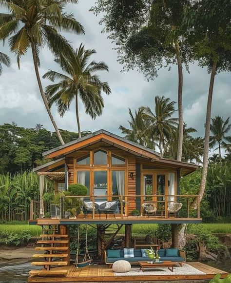 Tiny Apartment Decorating, Tiny Farmhouse, Exterior Fireplace, Small Villa, Sims Builds, Mud House, House On Stilts, Rest House, Tropical House