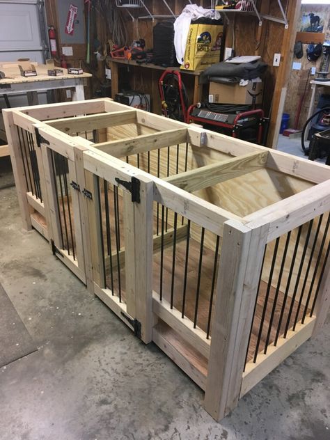 Heavy Duty Dog Kennel Diy, Entertainment Center With Dog Kennel, 3 Dog Kennel Ideas, Dog Kennel Inside, Bird Dog Training, Lab Interior, Double Dog Kennel, Diy Dog Run, Kennel Diy