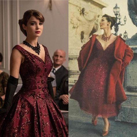 Charlotta on Instagram: "🔹Mrs Harris goes to Paris🔹 In the movie Ada’s favourite dress from Dior’s fashion show is called Temptation. Temptation is a red embroidered dress that comes with detachable shoulder piece. According to Jenny Beavan (the costume designer of Mrs Harris goes to Paris), she was inspired by a simple embroidered dress from Dior’s 1957 collection. The dress that inspired Tempation is called Diablotine. It is also embroidered with sequins and their shape is very similar to th 40s Dresses Vintage Evening Gowns, Mrs Harris Goes To Paris Dresses, Dior Vintage Dress Haute Couture, Red Dior Dress, Mrs Harris Goes To Paris, Dior Vintage Dress, Jenny Beavan, 1950s Christian Dior Dress, Party Wear Maxi Dresses