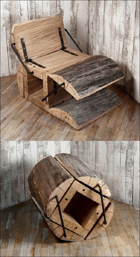 ‘Waste Less Chair’ by Hungarian firm, Uncomfortable Workshop, opens to two positions, one as a rocking-chair, and one with a leg rest. When not in use, the piece can be fully closed and easily rolled to a new location. Tre Kunst, Diy Casa, Log Furniture, Folding Furniture, घर की सजावट, Cool Chairs, Rustic Furniture, Woodworking Crafts, Furniture Plans