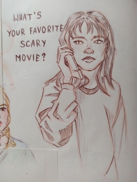 Sidney Prescott drawing scream horror fanart Scream Movie Tattoo Designs, Horror Drawing Aesthetic, Scream 1996 Drawing, Scream Drawing Aesthetic, Scream Cartoon Drawing, Sidney Prescott Drawing, Scream Movie Fanart, Stu Macher Drawing, Sidney Prescott Fanart