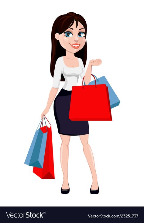 Woman Shopping Illustration, Woman With Brown Hair, Brown Hair Cartoon, Shopping Pictures, Fashion Illustration Collage, Black Spray Paint, Feminine Tattoos, Style Clothes, Office Style