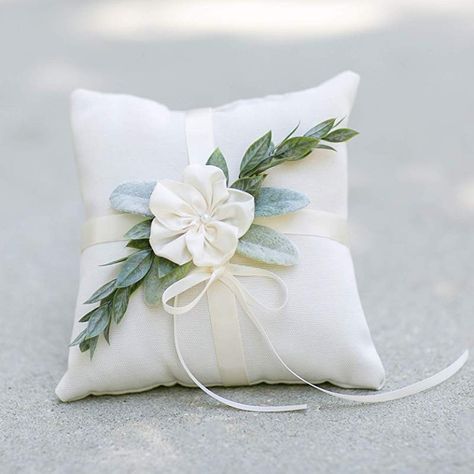 Diy Ring Bearer Pillow, Ring Cushion Wedding Pillows, Ring Bearer Cushion, Eucalyptus Wedding Decor, Bridal Bouquet Styles, Jordan Wedding, Boho Wedding Ring, Ivory Ring, Floral Wedding Ring