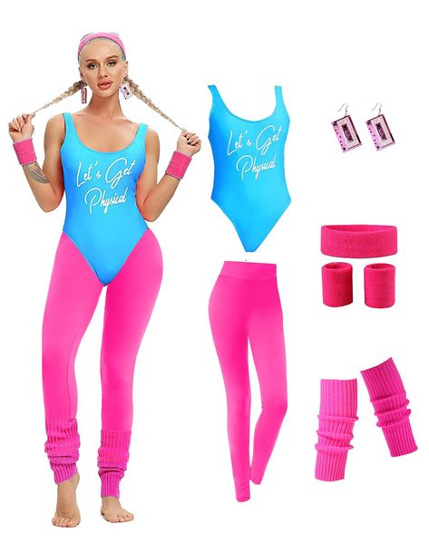 PRICES MAY VARY. Package includes: 1 piece retro 80s/90s swimwear, 1 pair of Neon Legging, 1 pair of Sweatbands (Headband/Wristband Set), 1 pair of magnetic tape Cassette earrings,1 Pair Leg warmers,complete your demands on 80's costume accessories Material:This Swimwear 98% Nylon, with pad,swimsuits are not see-through,the colour in this material will not fade. Legging is cotton soft to touch, stretchable and flexible, lightweight and breathable, comfortable to wear them all day. 80s Party acce 90s Swimwear, Workout Costume, 80s Workout Costume, Outfit 80s, 80's Costume, 80s Accessories, 80s Workout, Neon Leggings, Tape Cassette